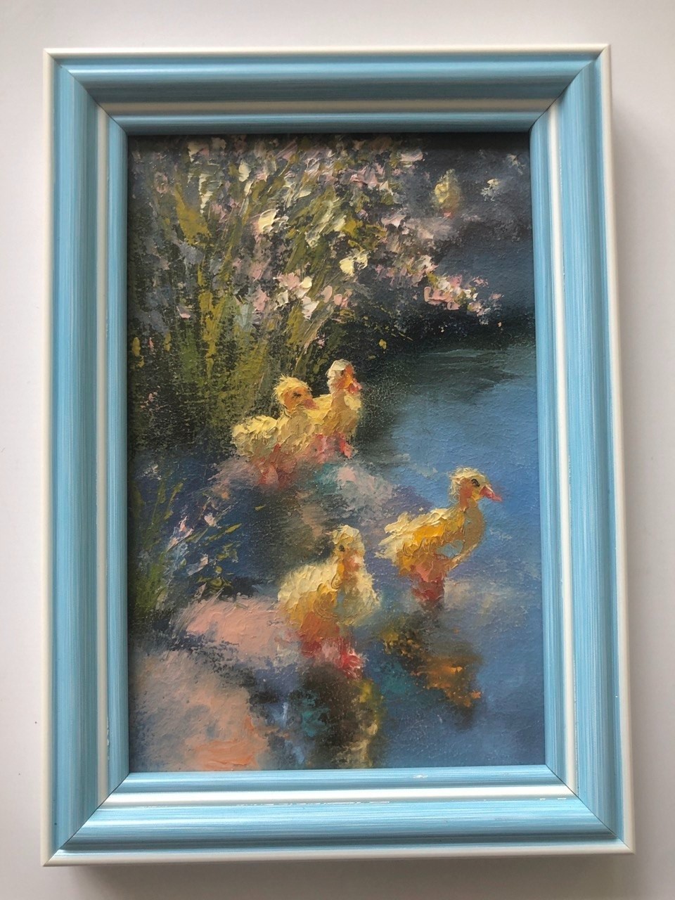 Original Oil Painting Framed Ducklings Cute Ducks Pond Animal Signed 4х6 in