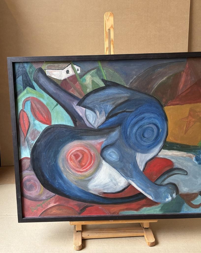 Rolf Magnusson (Swedish, 1929). The Blue Cat. Oil painting. Dated 1959. COA.