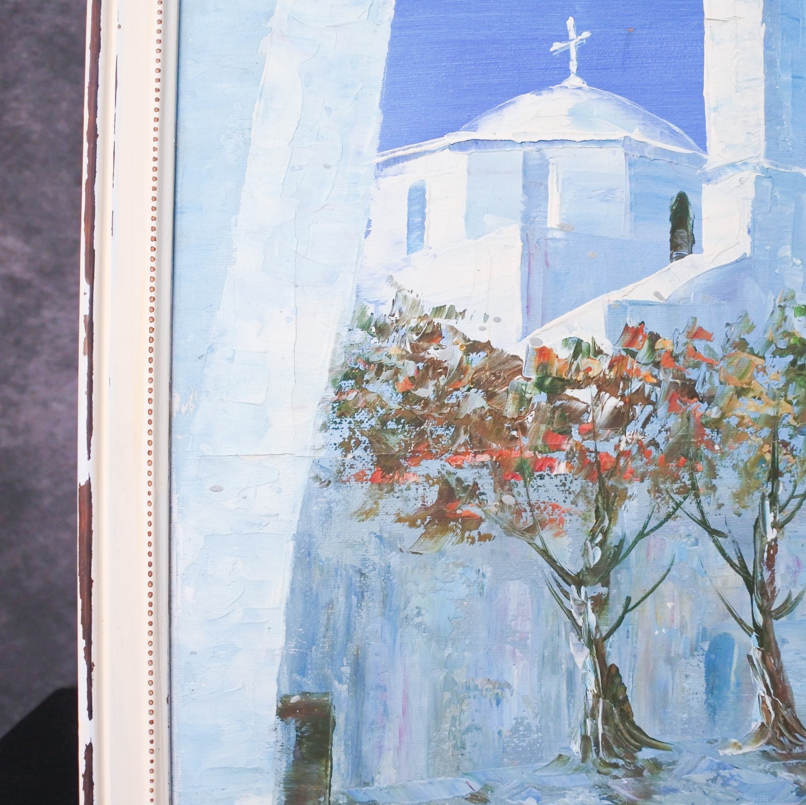 Vintage Original Oil Painting Greece Santorini Church Shabby Chic Artwork