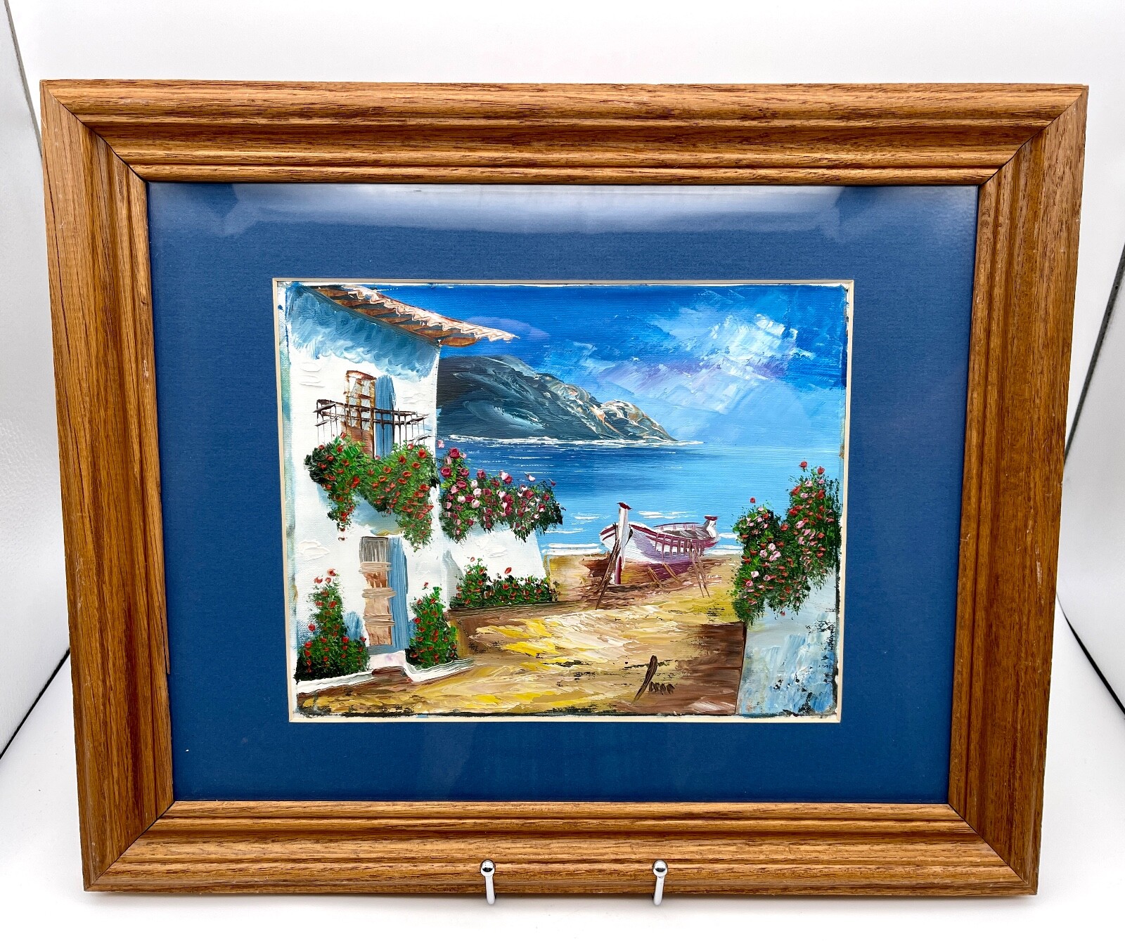 Original Signed Canvas Painting Mediterranean Seaside Matted & Framed 13.5×16.5″