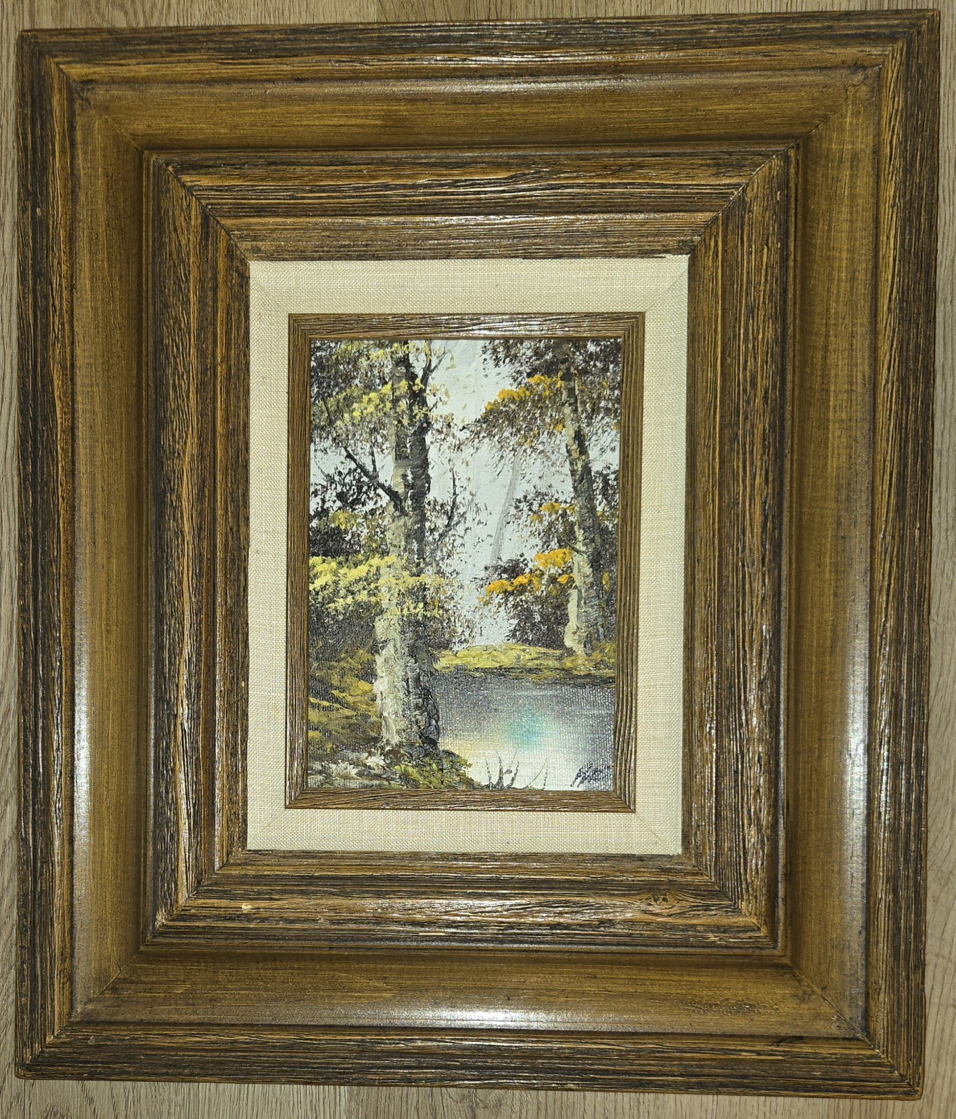 Vintage Framed Oil Painting on Canvas – Hand-Painted Woodland Landscape – Rustic