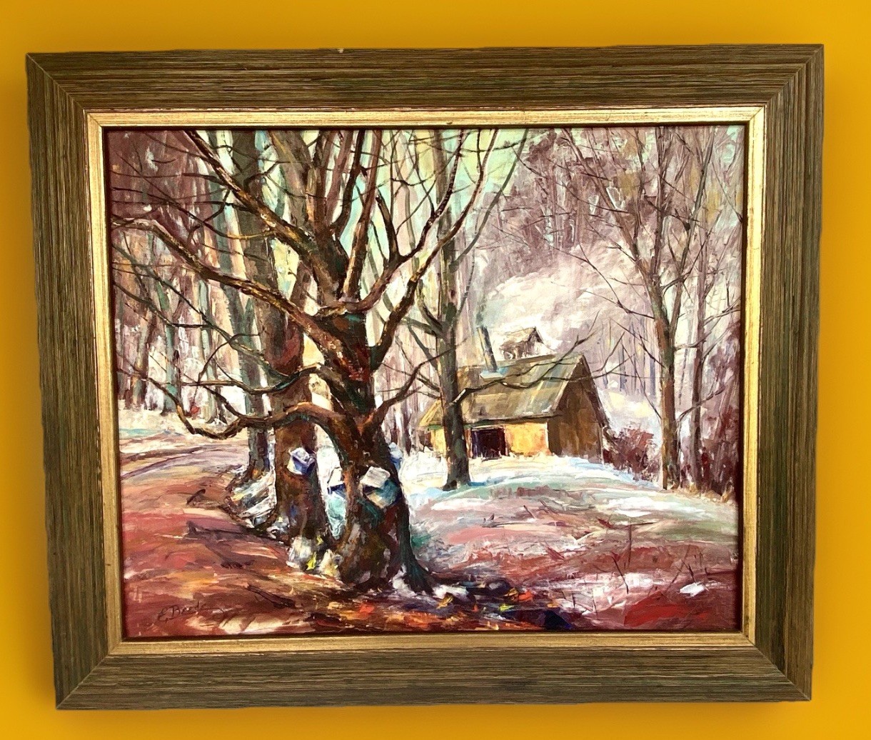 Original Signed Oil Painting, Cabin in the Woods, Framed E Beede, 26″x 22″