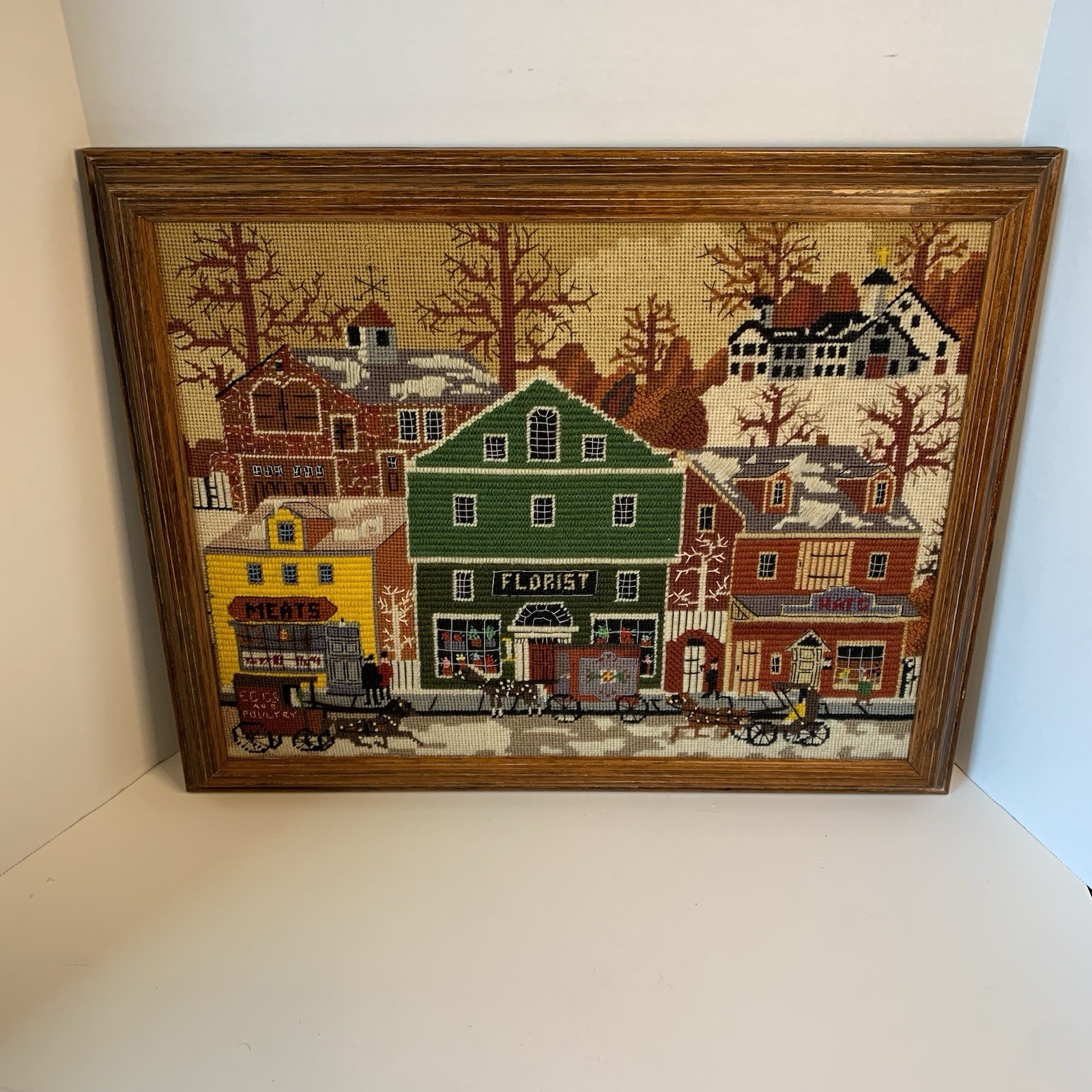 Vintage Framed Needlepoint Art Charles Wysocki Main Street Dimensions 2143