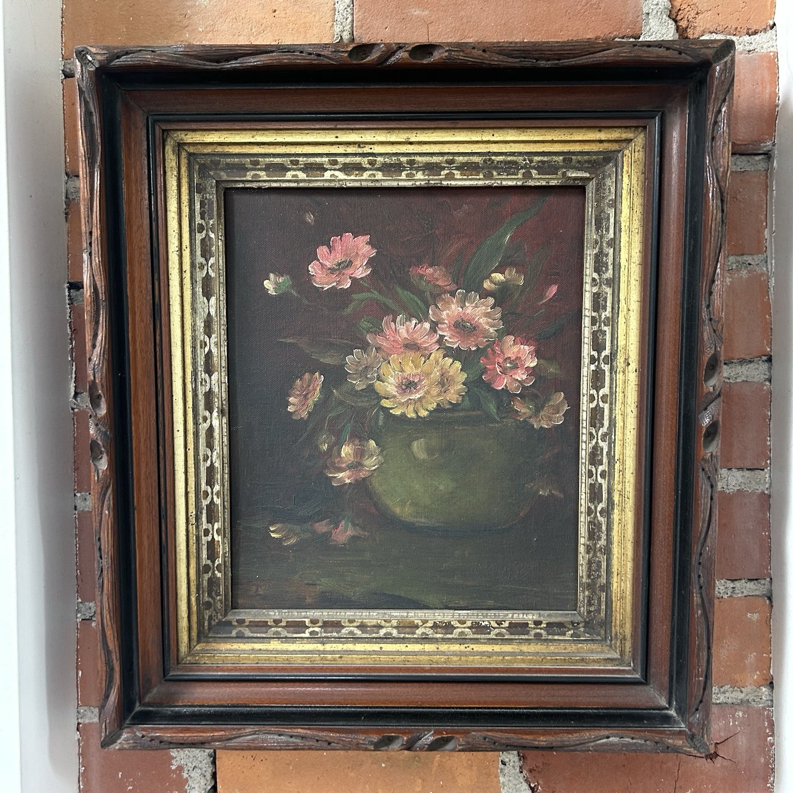 Vintage Floral Oil Painting Framed Moody Pink Carved Frame Original Art 16×18″
