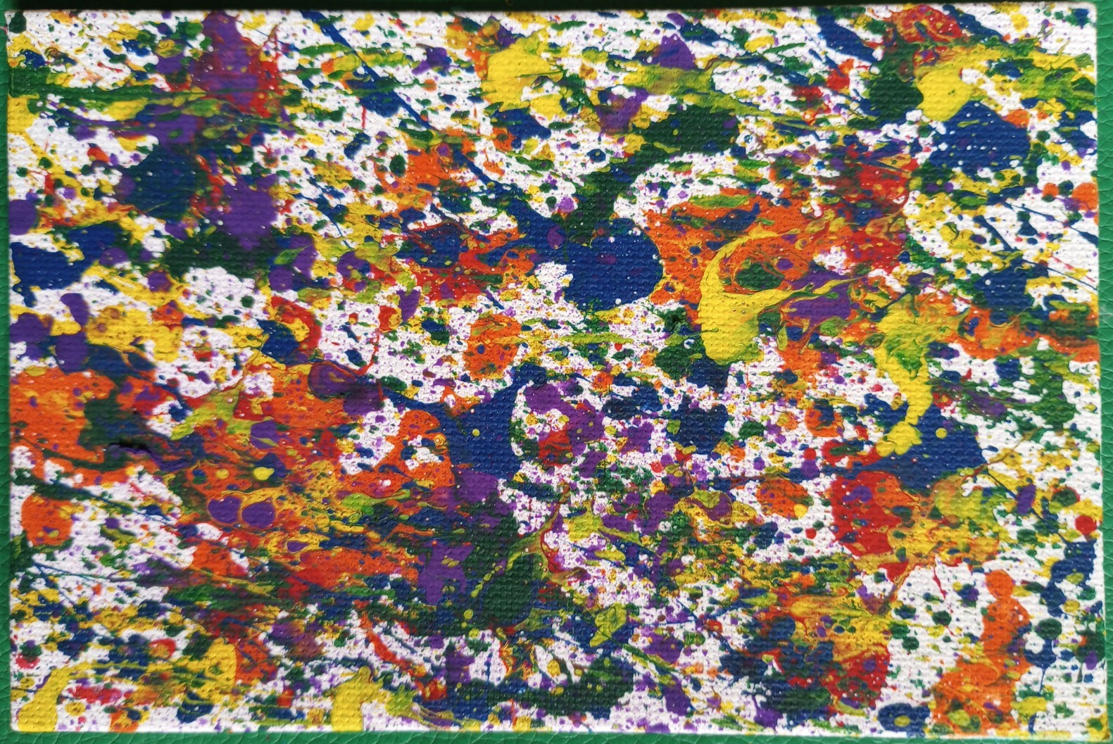 Abstract Multicolor Paint Splatter Painting on Green Background, Unframed