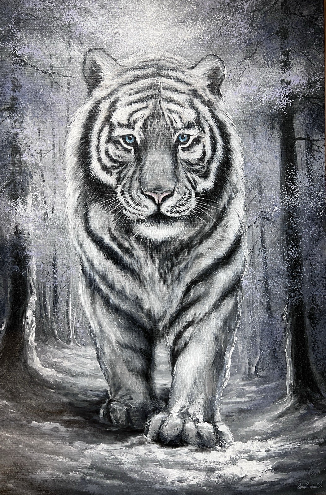 White Tiger Oil Painting Original Canvas, Large Wildlife Blue Eyes Animal Art