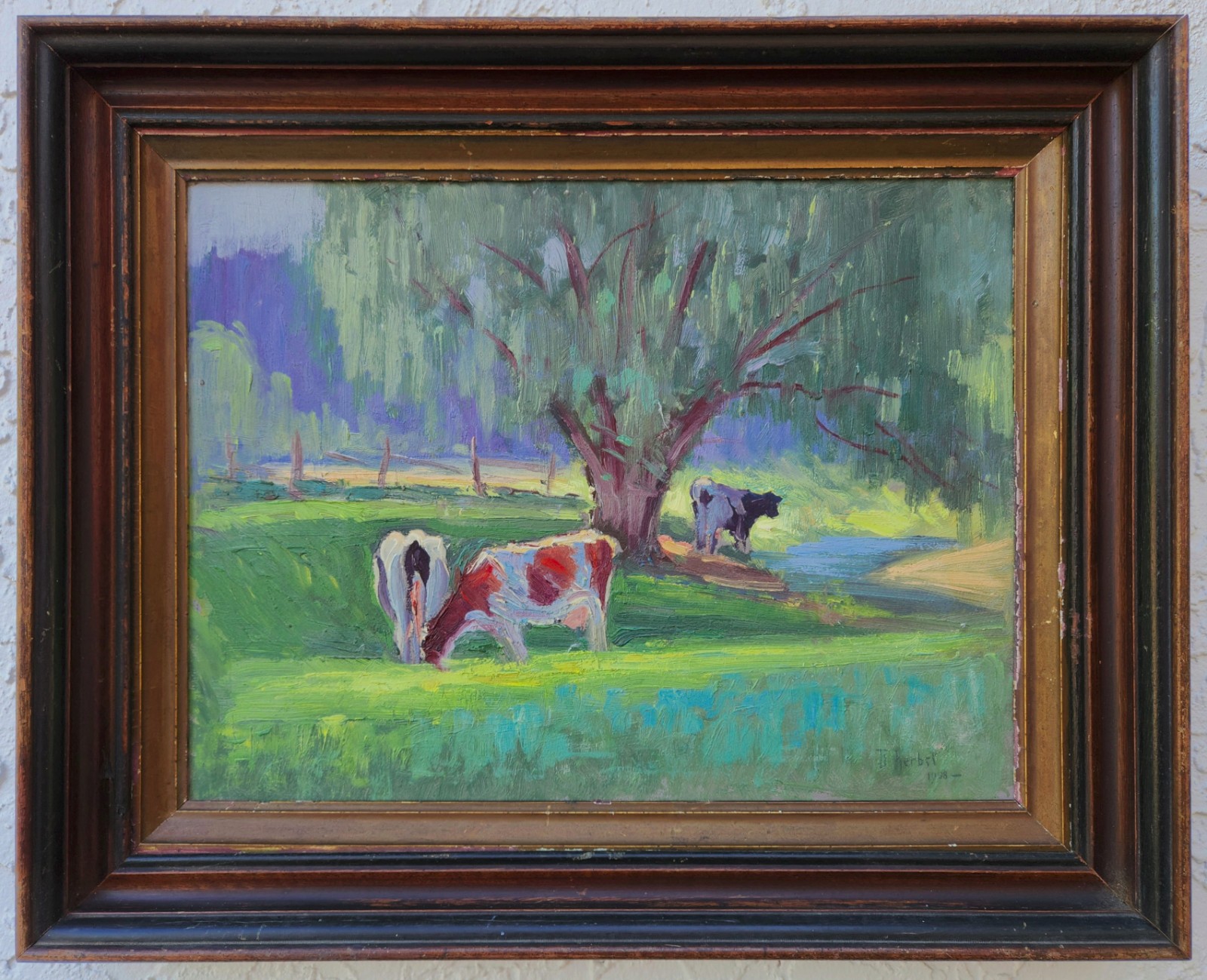 GERMAN OIL Antique ~ IMPRESSIONIST PLEIN AIR ~ 1908 Listed Artist COW LANDSCAPE
