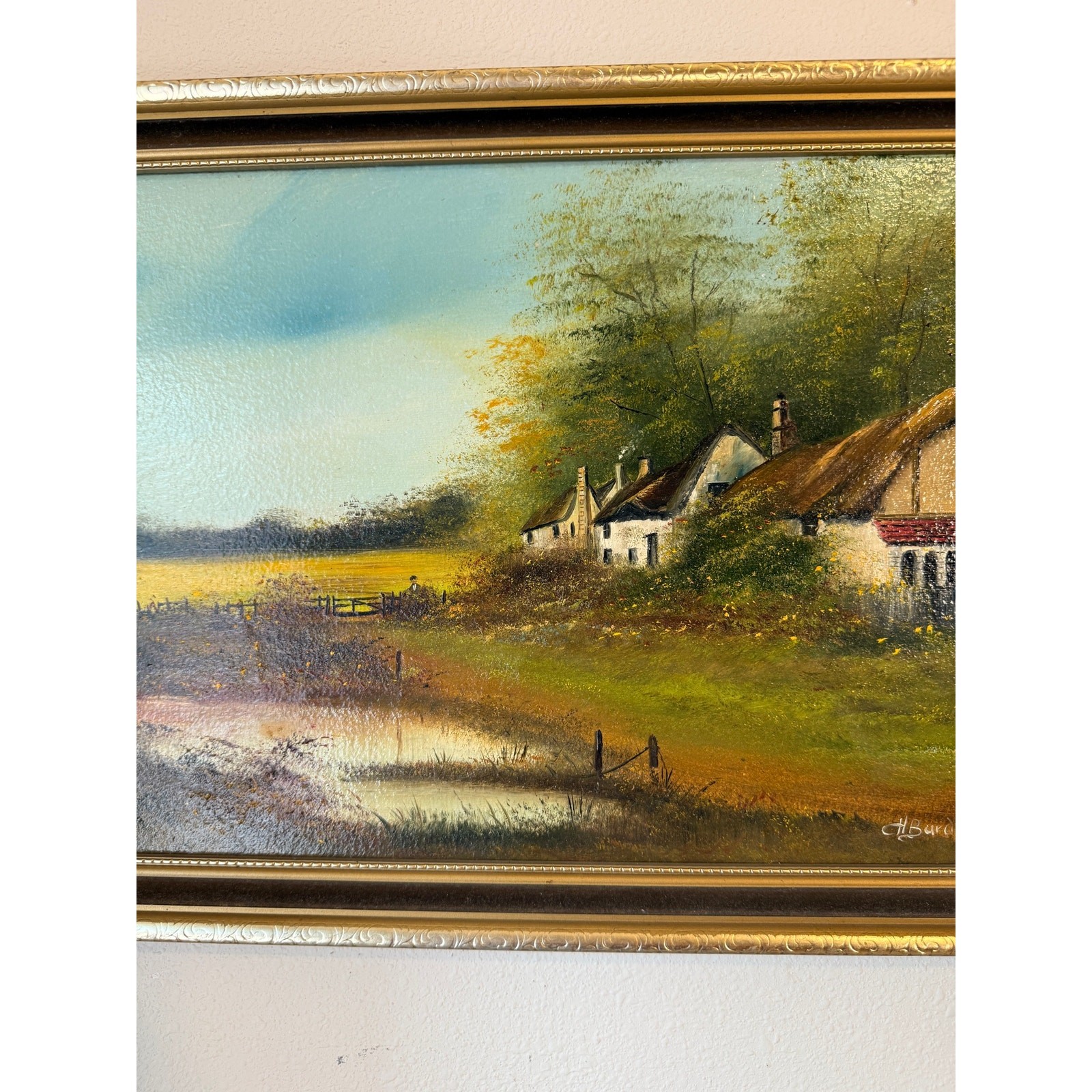 Vintage H Burden Oil Painting Original English Thatched Cottage Landscape Framed