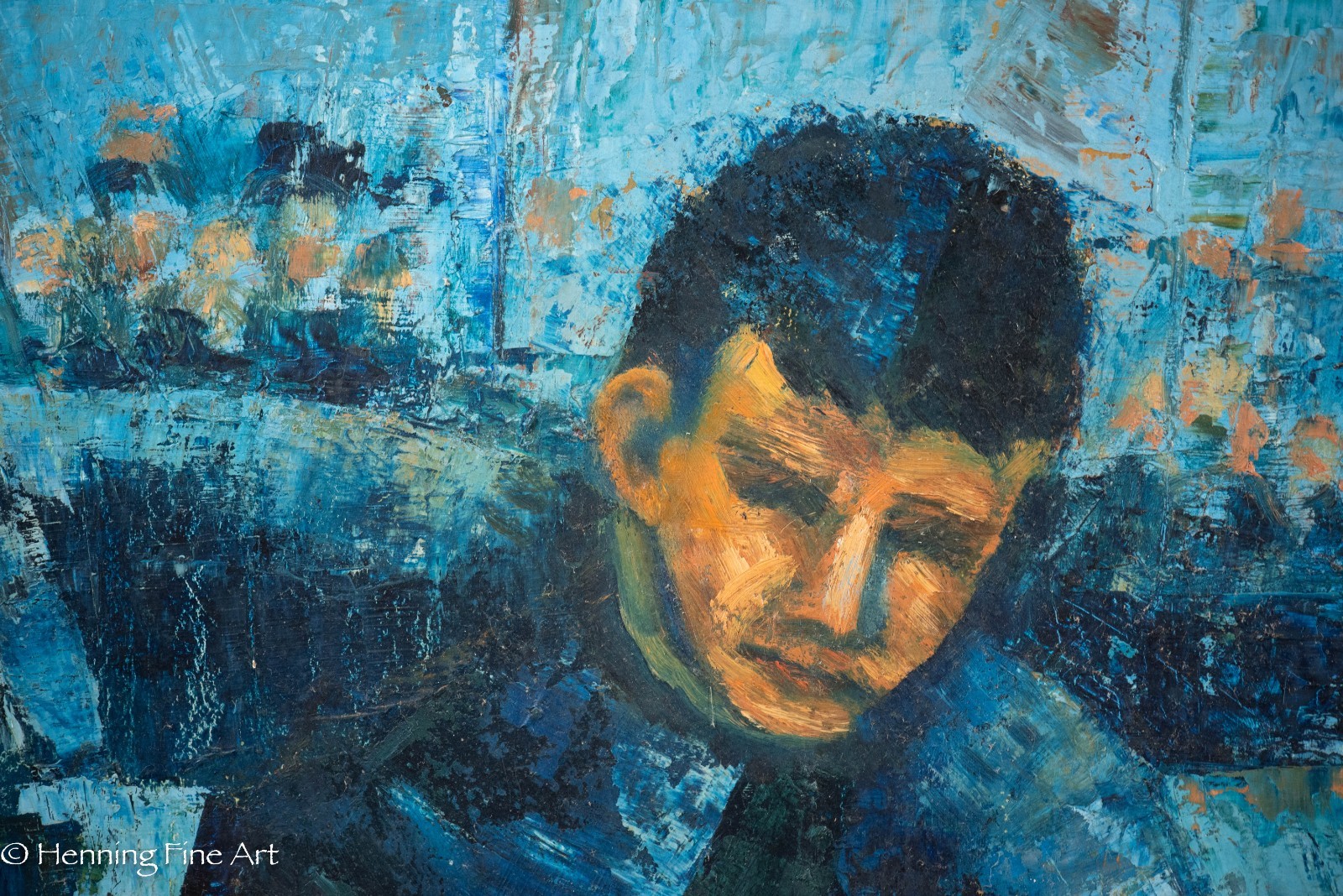 Stunning Mid Century Painting of Hockey Player in Blue by B Spaulding 1961, Fine