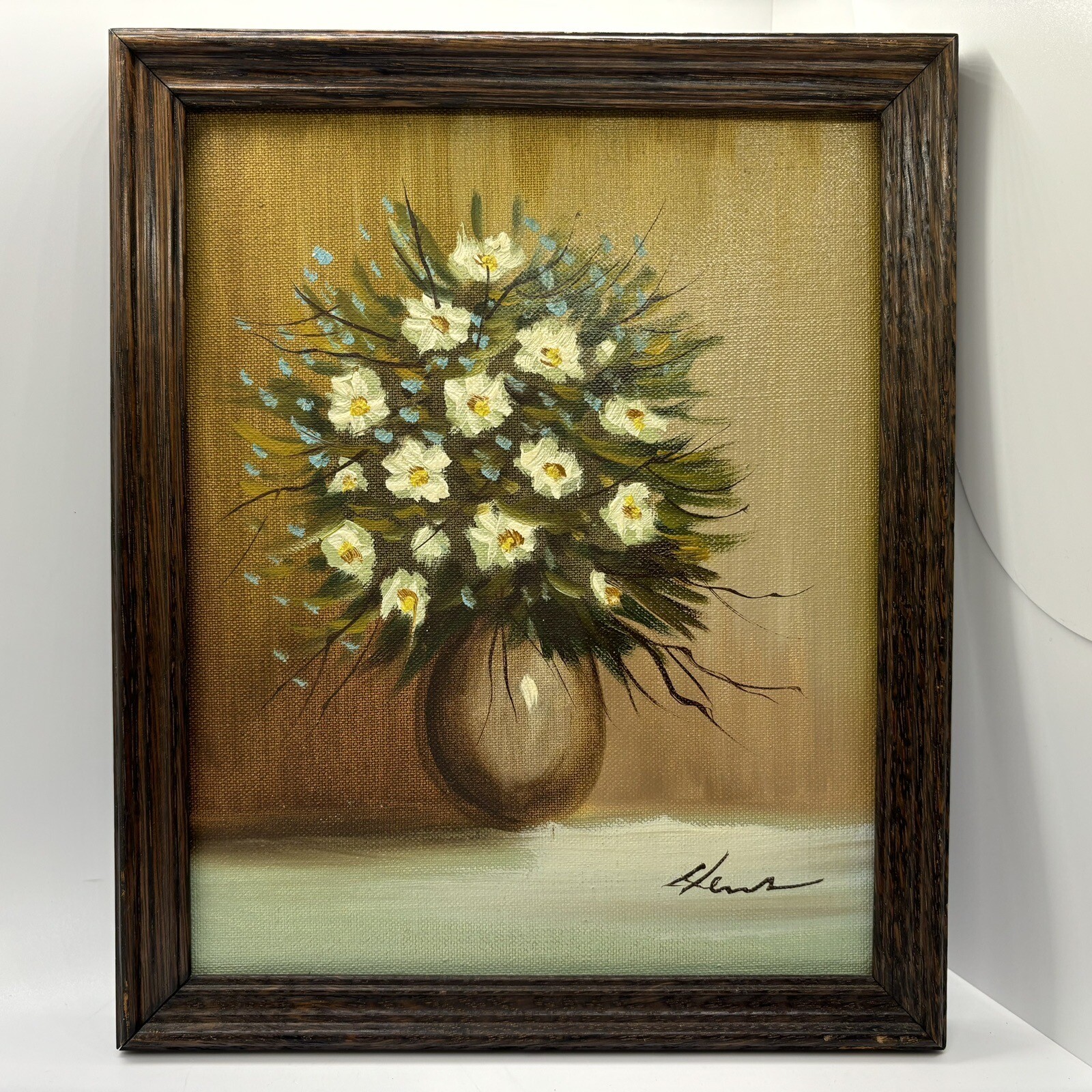 Original Painting Still Life Vase Bouquet Of Flowers White Yellow Framed 9×11 In