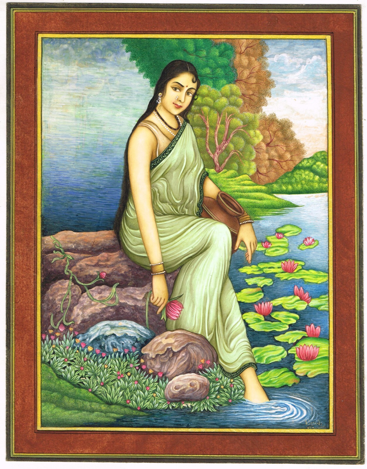 Handmade Painting Of Woman With Water Pot In River Wall Hanging 10.5×13.5 Inches