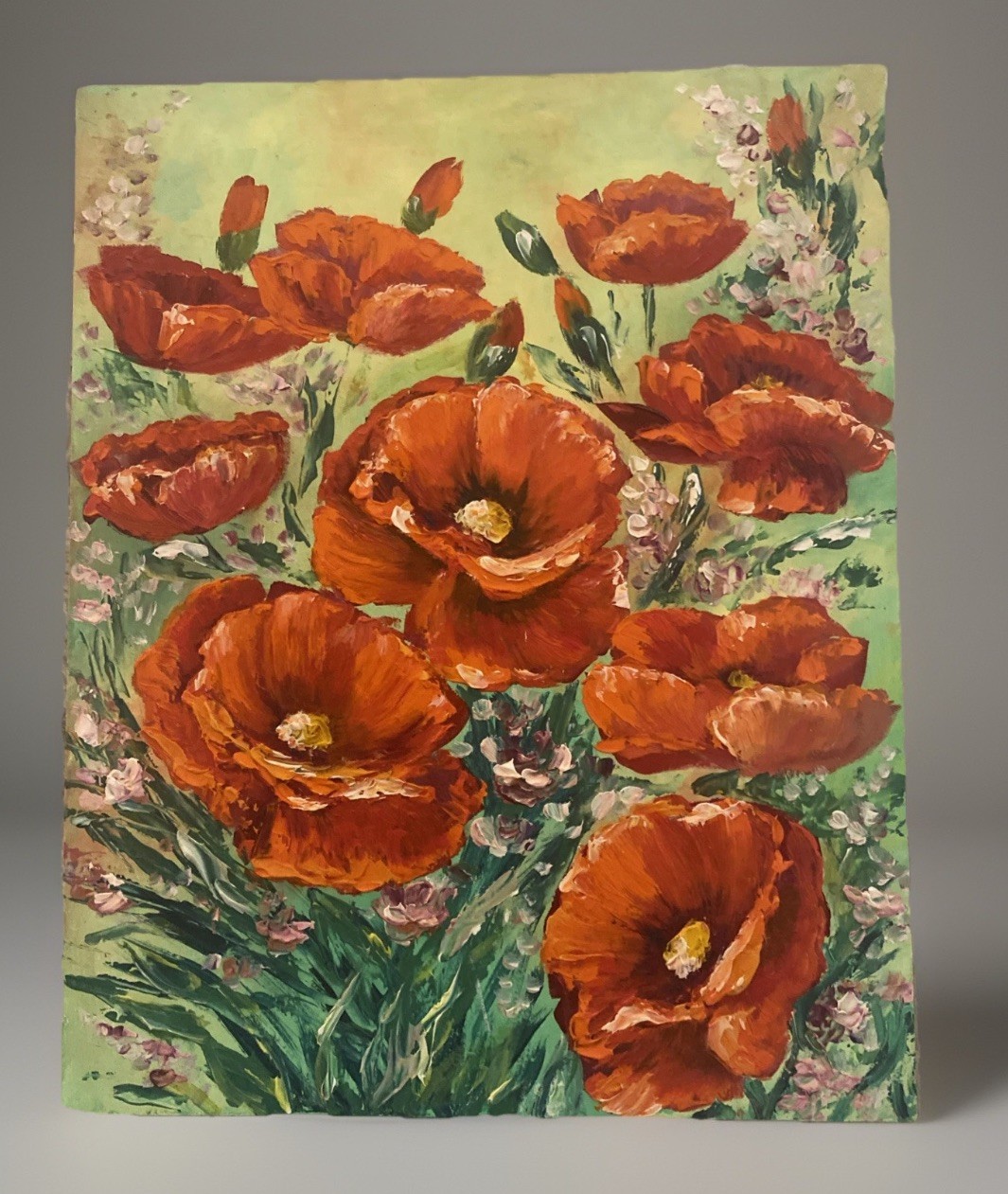 Original Red Poppies Oil Painting Floral Still Life Signed 8” X 10”