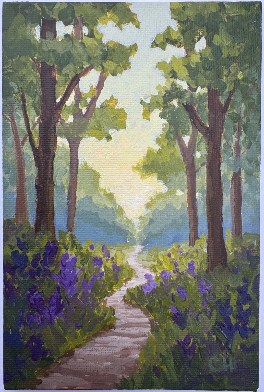 Original Painting, 4″x6″ Forest Path Fantasy Flowers, by alittleartistree
