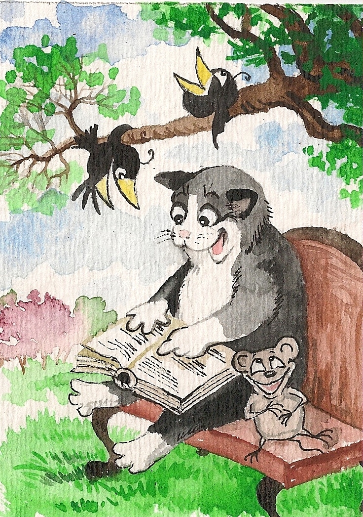 PRINT OF WATERCOLOR PAINTING RYTA TUXEDO CAT MOUSE ACEO CROW SPRING Folk Art 🌷