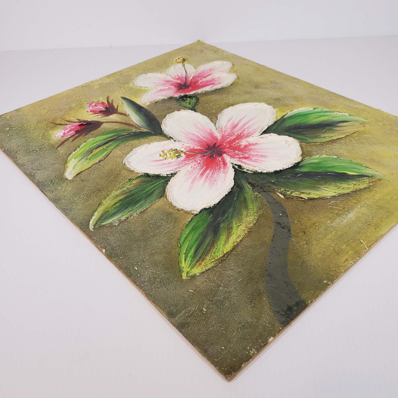 Tropical Flower Thick Spatula Impasto 24×20 Vtg Canvas Painting Masonite Board