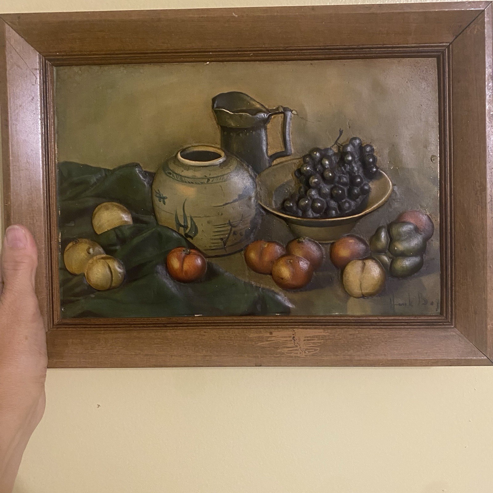 Vintage Mid Century All Metal 3D Still Life Fruit Painting Primitive