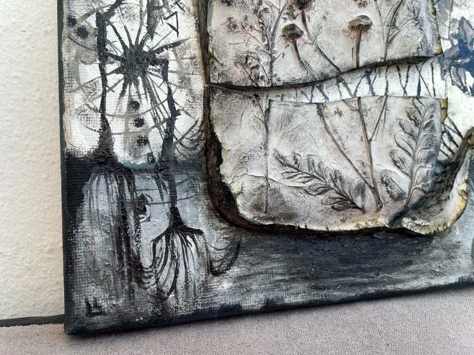 Broken life, conceptual artwork, mixed media painting, interior art, gray black