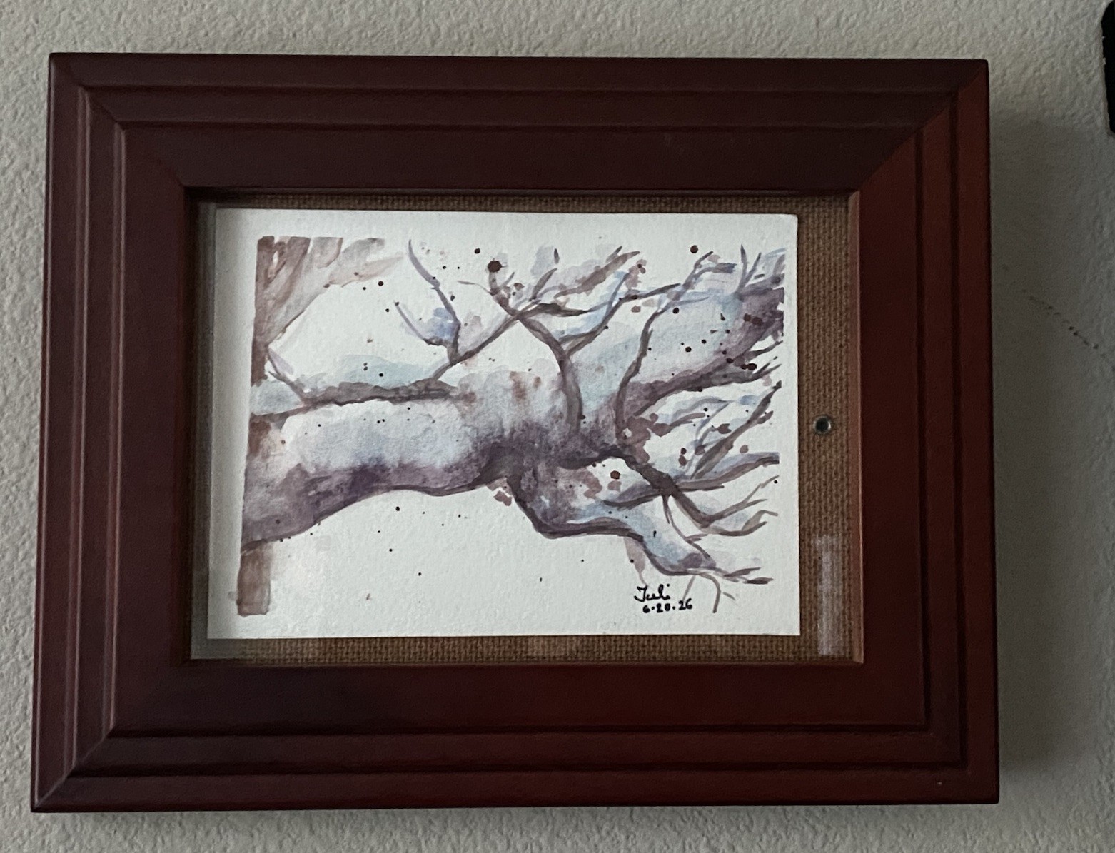 Original Art Watercolor Painting Snow On Trunks Tree Trunk Branch Signed OOAK