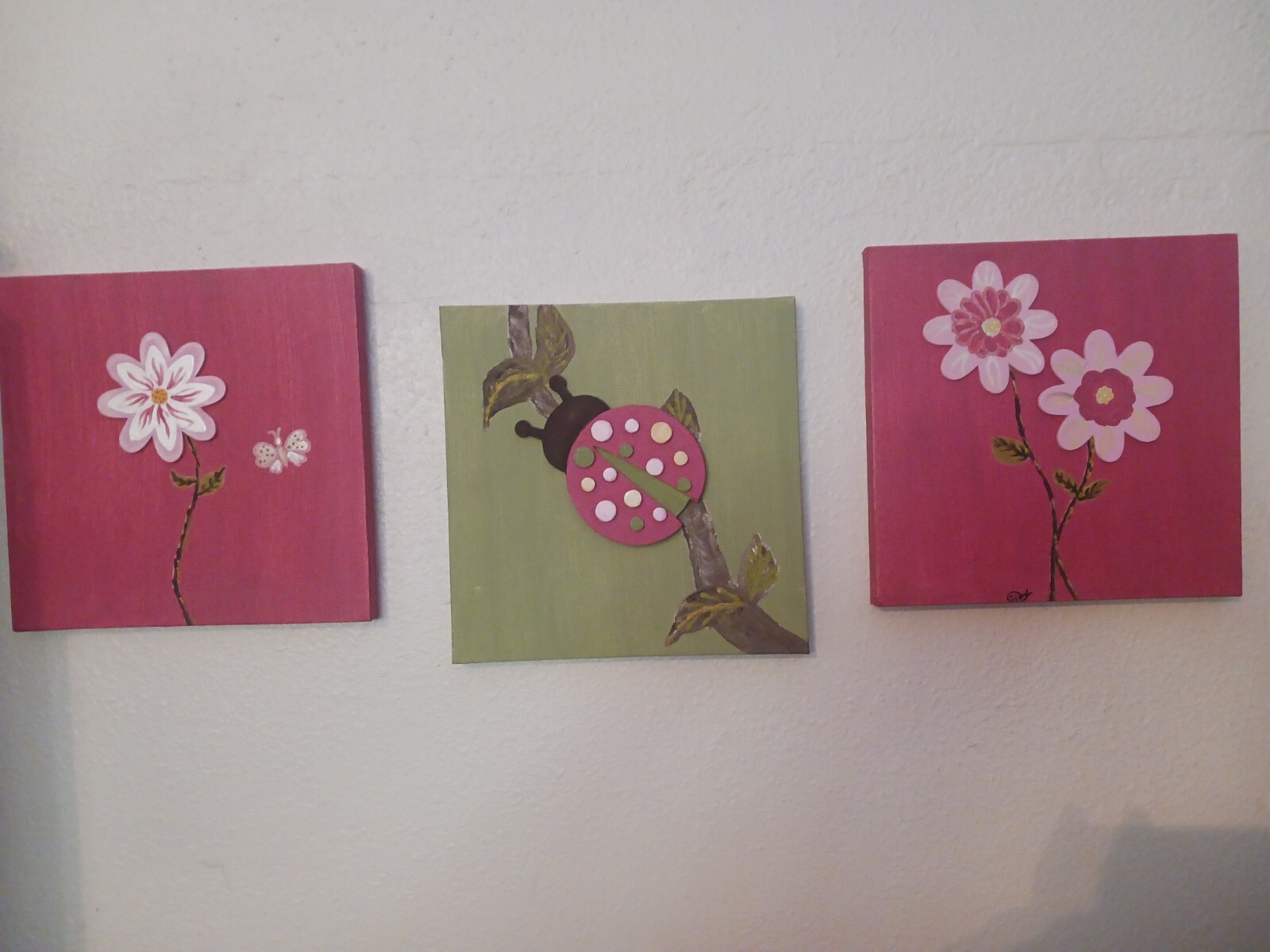 Custom Nursery Art Baby Girl Lady Bug Flower Set Canvis Painting Pink