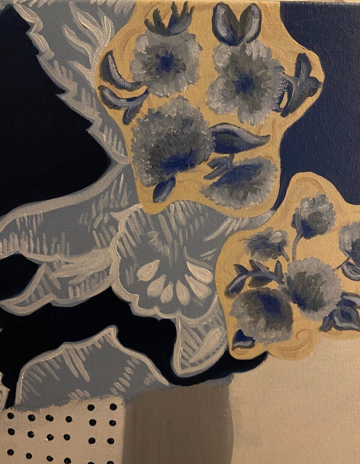 Original Painting Done Based on A Collage Of Blue, White, and Cream Fabric. Oil