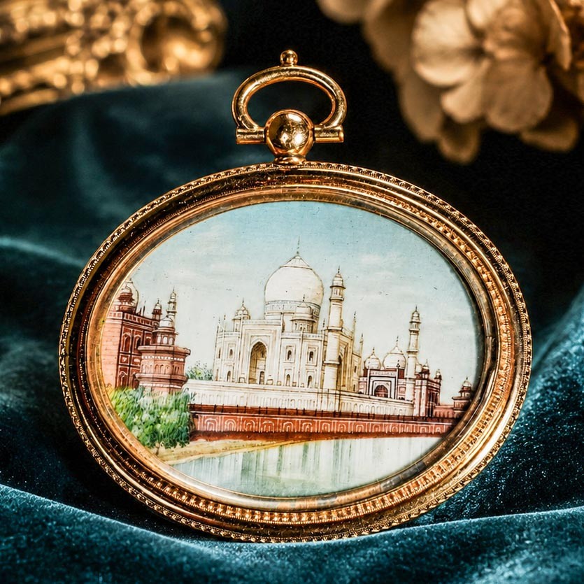 Superb Antique Grand Tour Taj Mahal Portrait Miniature Painting India Gold Fill