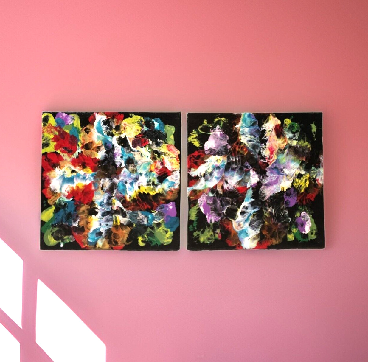 2 pcs Paintings Acrylic on Canvas 10″ x 10″ Original Abstract MIDNIGHT BLOOMS