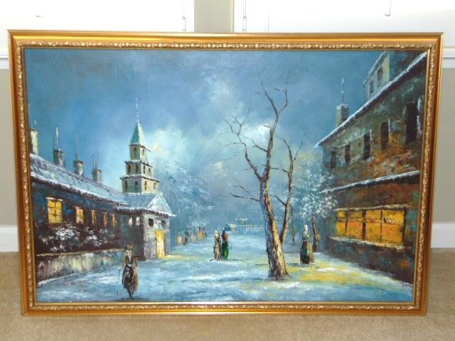 MCM Framed OIL PAINTING, Charming Winter Country Village Scene, By Artist Bergen