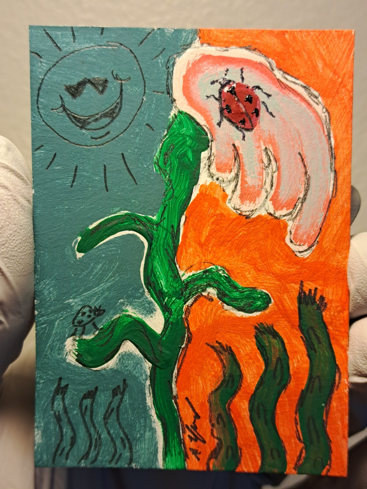 aceo original art acrylic Ink of «Pink Flower+Ladybugs» (OOAK) Limit 1/1 Signed