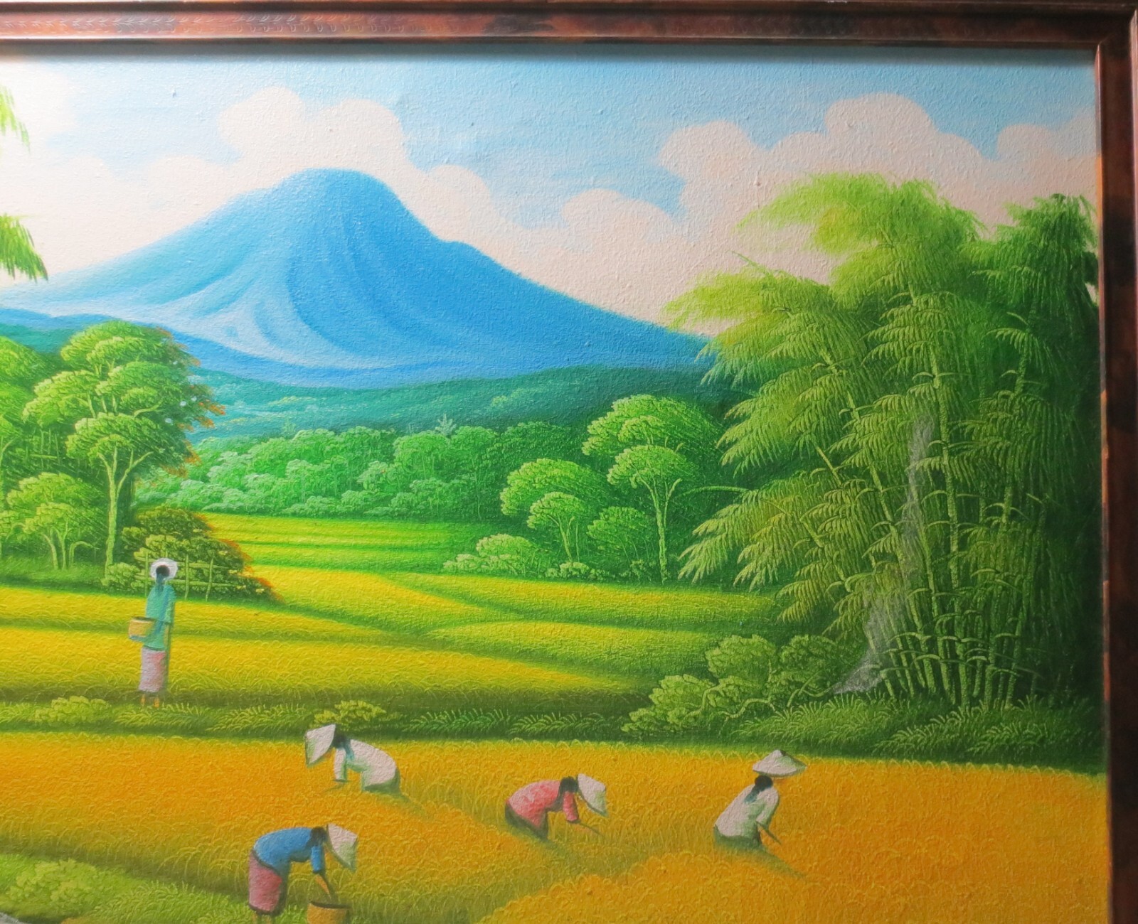 LOWEST PRICE! LARGE SIZE «BALI FOLK ART» PAINTING on CANVAS, WOOD FRAME 33″x25″