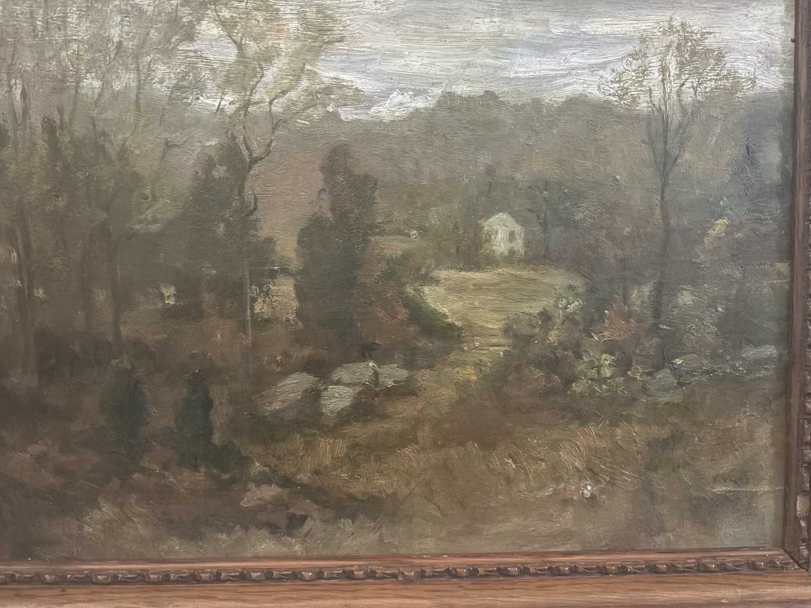 Antique 1910 18”x14” Framed Folk Impressionist Landscape Unsigned Oil Painting