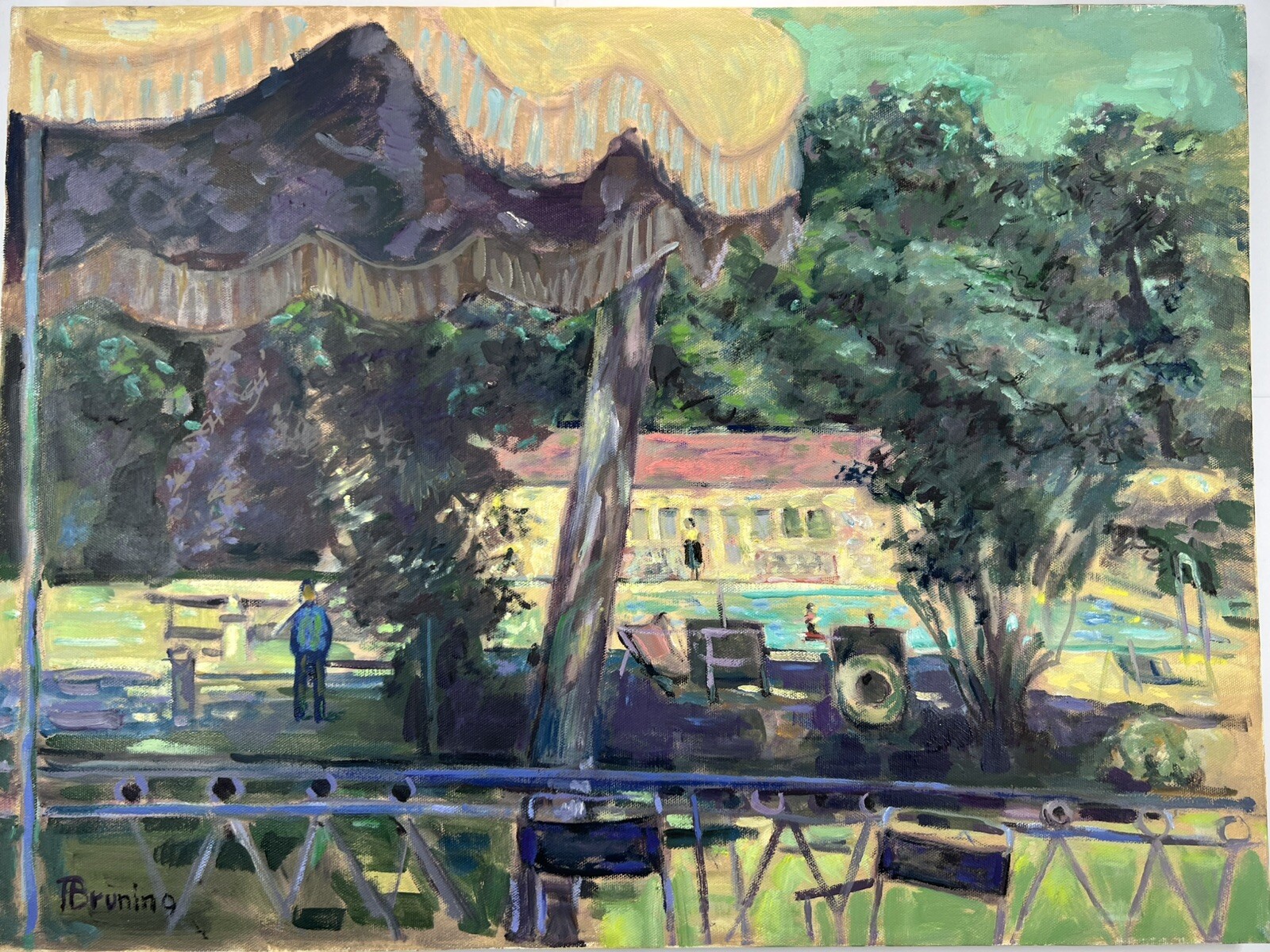 18×24” Poolside Summer Fun Backyard Party Oil On Canvas Painting Signed Fine Art