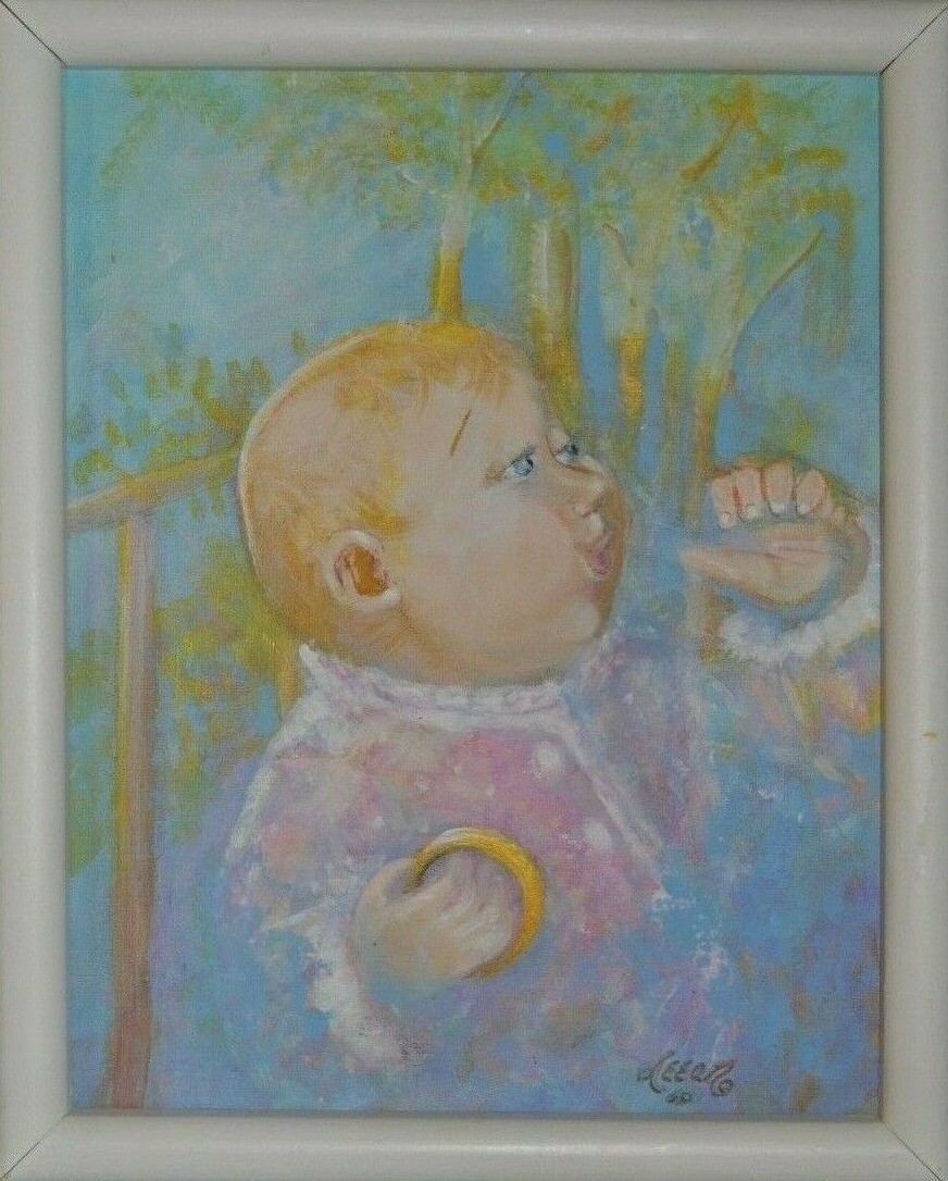 BABY GIRL Acrylic on Canvas Signed 11″ by 14″ White Framed Nursery Decoration