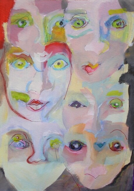 Faces & Eyes original mixed media 12x 8.5 in painting on paper Mary Hillier