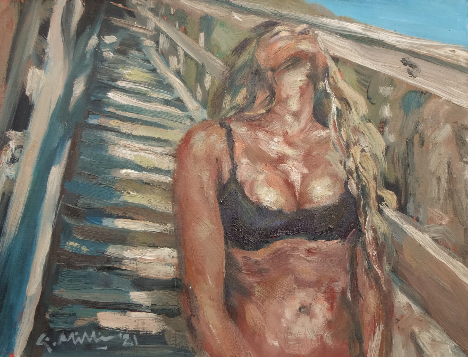 GERRY MILLER-. Original Artwork.»Steps» oil paint on cardboard.37x28cm