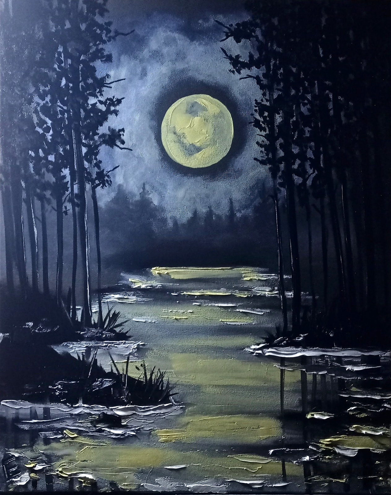 Original Painting Moon River Forest Black White Art Landscape Oil 19 x 16 in