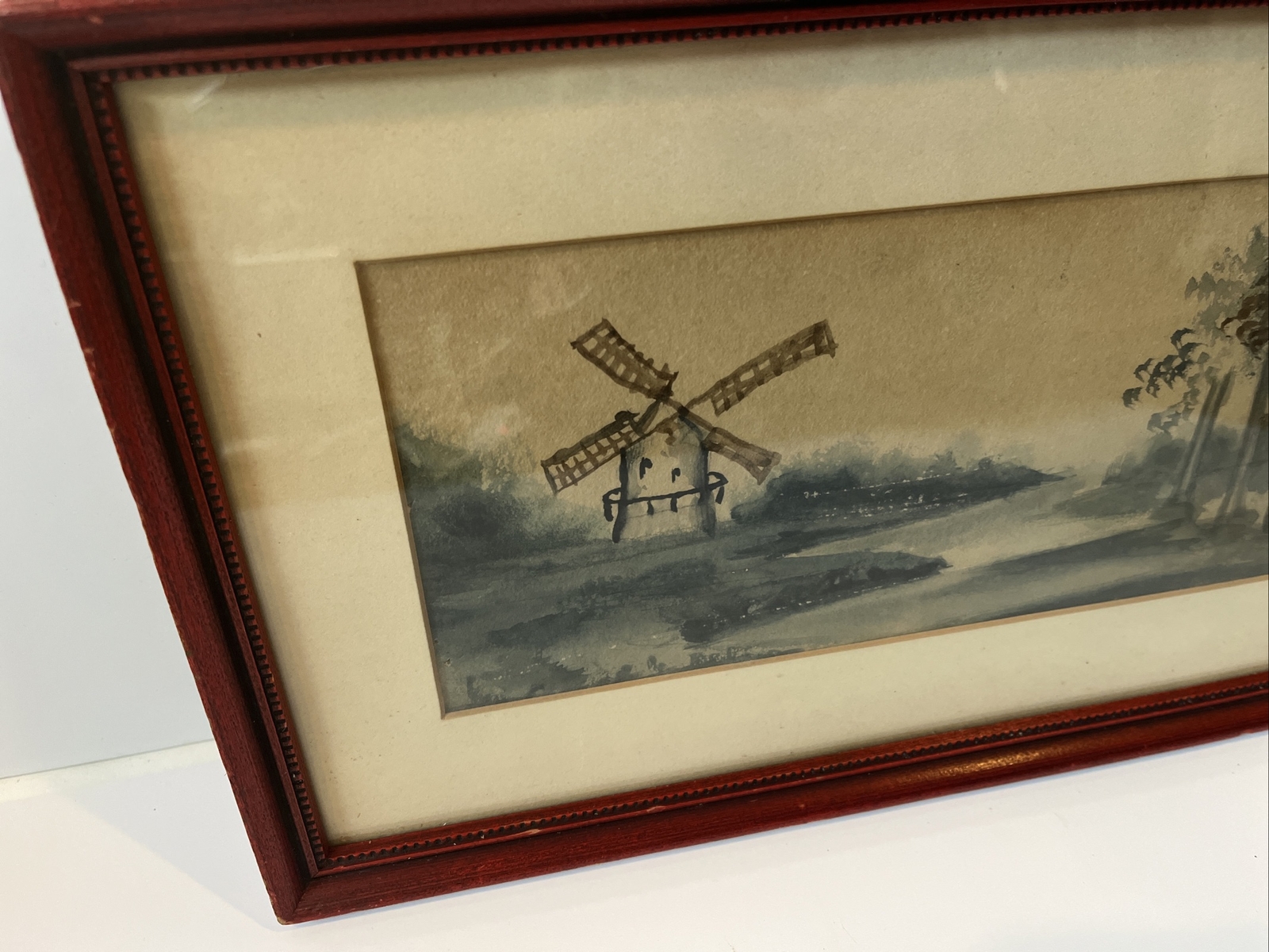 Antique Original E. Hughes Framed Watercolor Windmill 13” x 8”