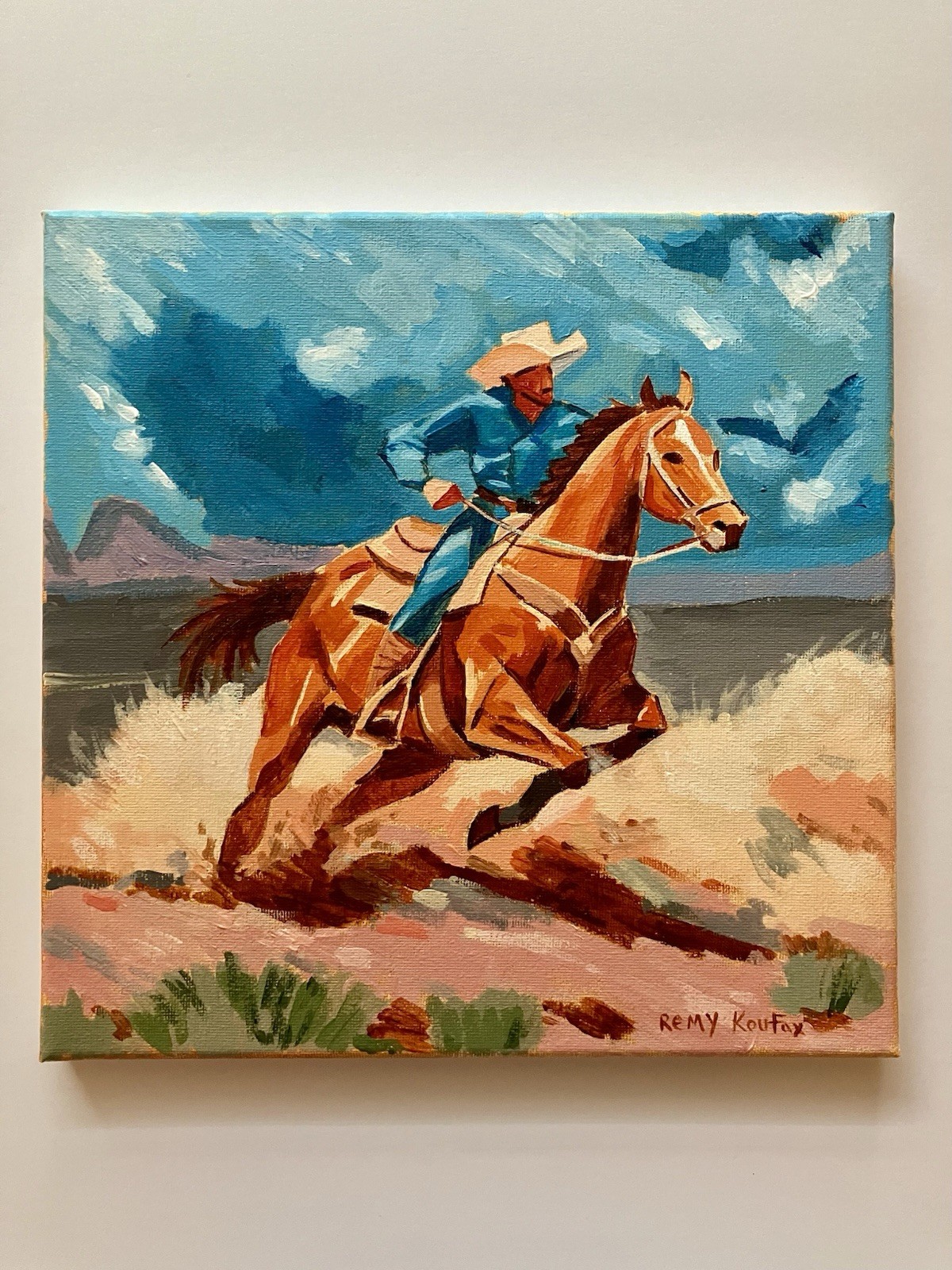 Original Acrylic Western Painting Cowboy Horse Rider 10×10 Inches Signed Art