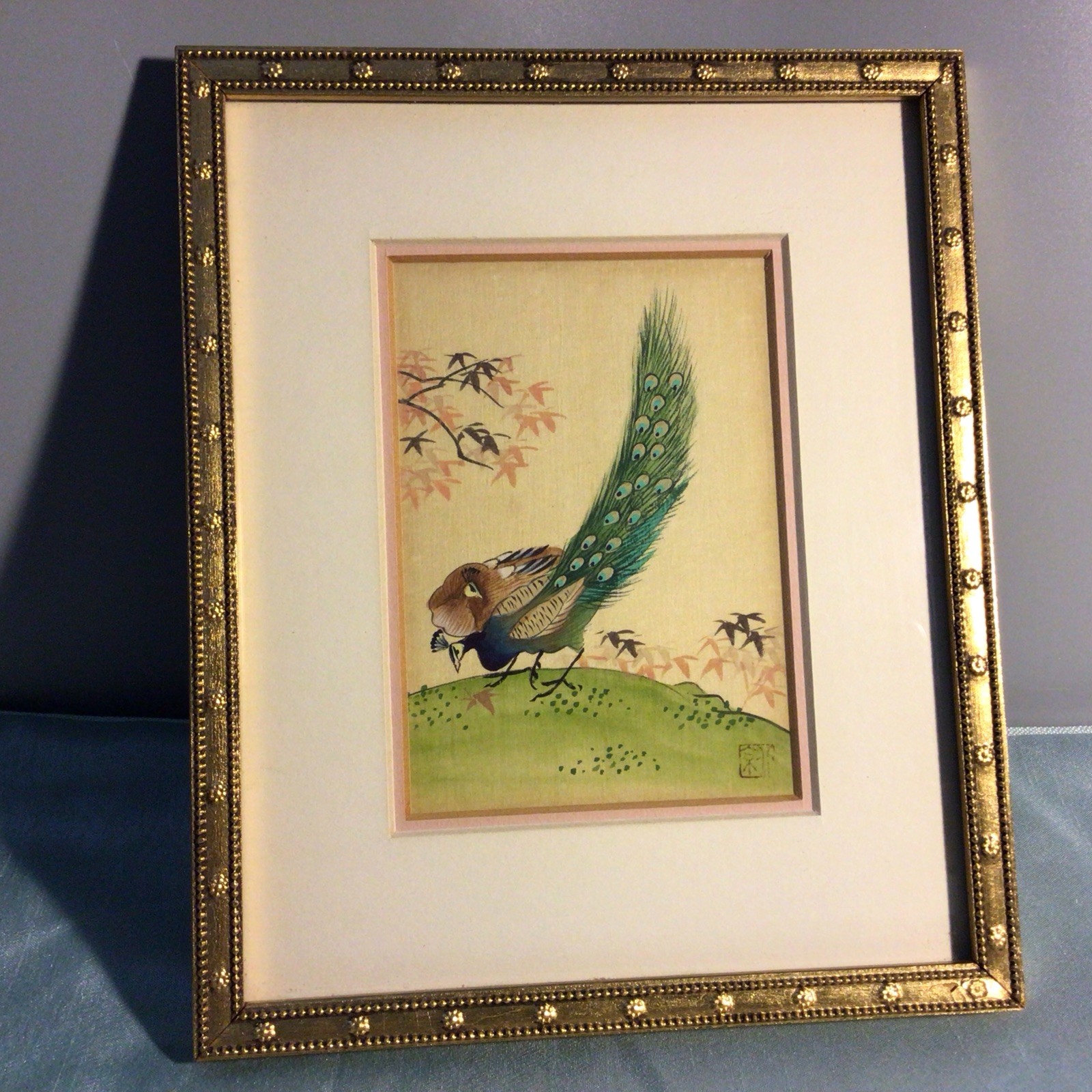 Handmade Birds Painting Of Peacock On Silk Cloth, 8.5”x7”, China, 1980