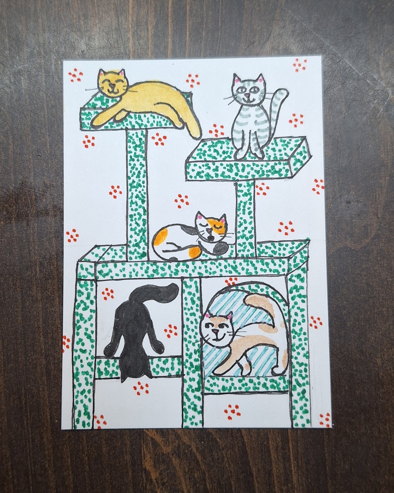 ACEO Original Kitty Cat Tower Watercolor Cartoon Painting by Sandrajean Smith