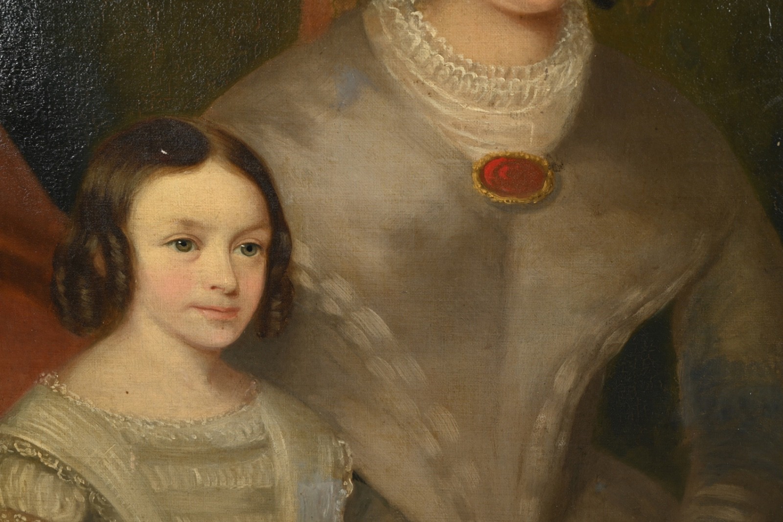 Naive Style Antique 19th Century Double Portrait Oil On Canvas Painting