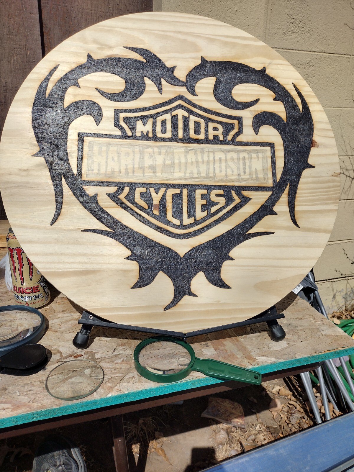 Solar Pyrography wood burning Harley Davidson wood decor handmade 