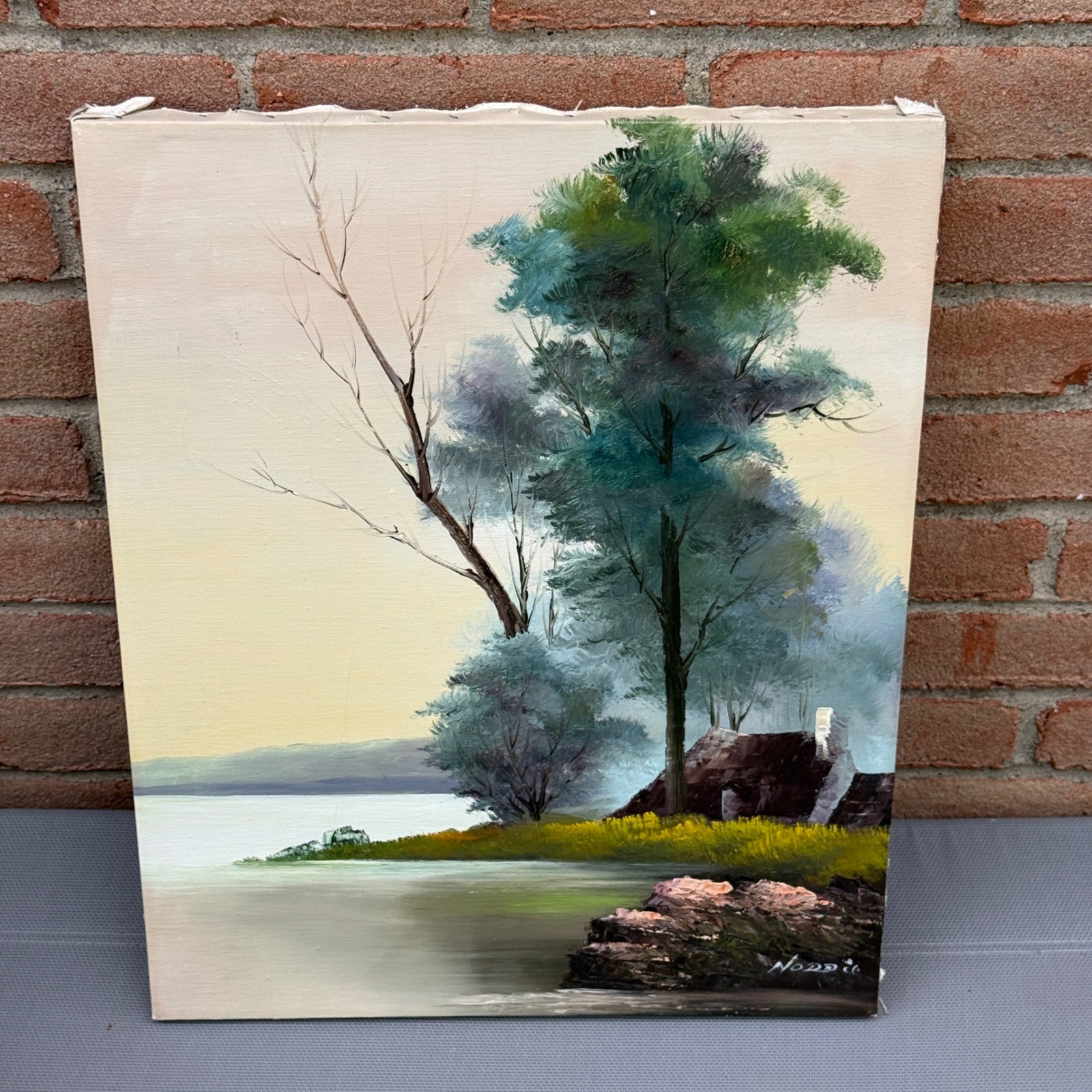 Original Landscape Oil Painting Canvas Board Lakeside Cottage 16×20 Signed Tree