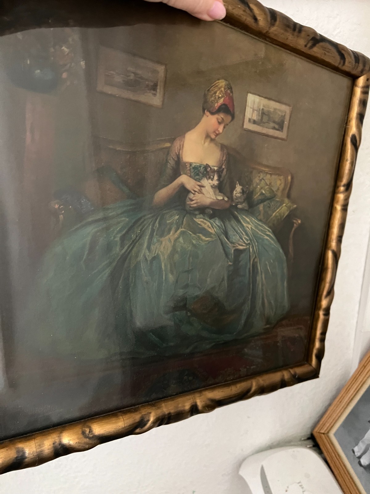 An antique painting from 1900. Lithograph, under glass. Made in Europe.