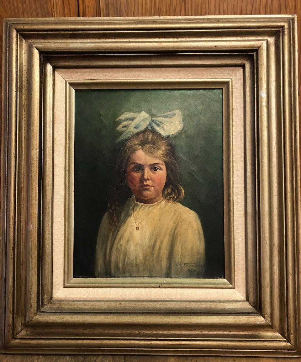 1915 Oil Painting of Little Girl Ribbon in hair Victorian by VOLLENWEIDER #1