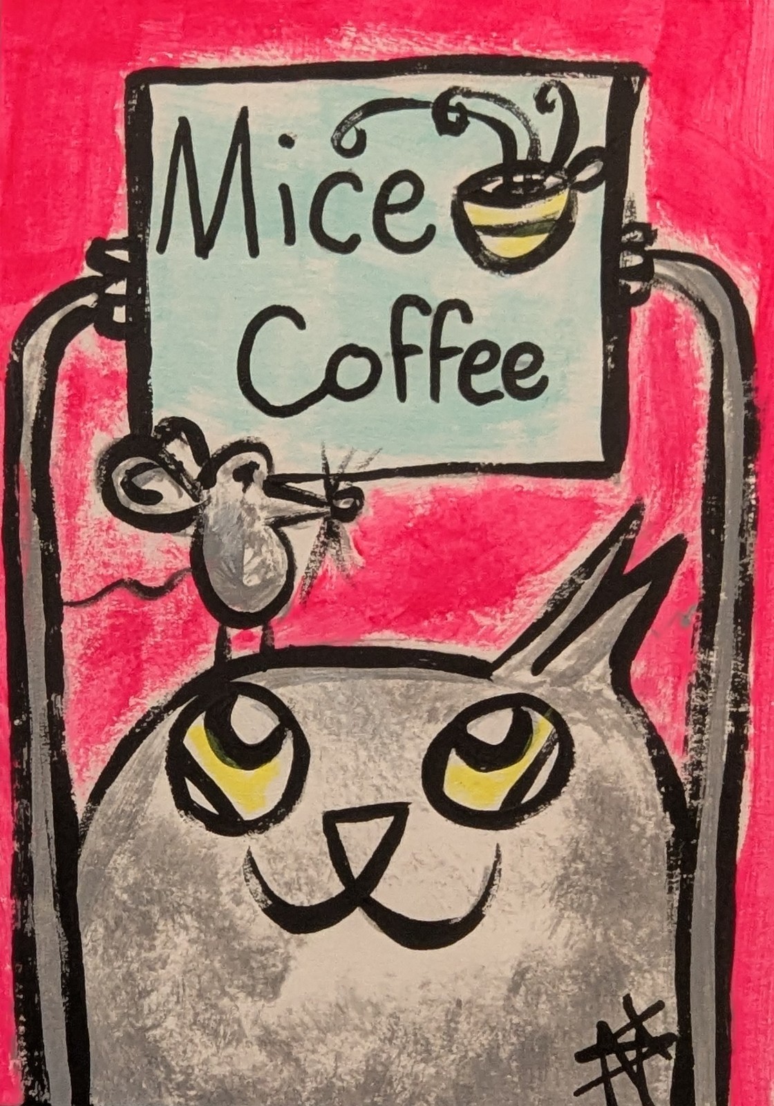 ACEO Black Cat Painting Original Mouse Modern Coffee Folk Art Samantha McLean