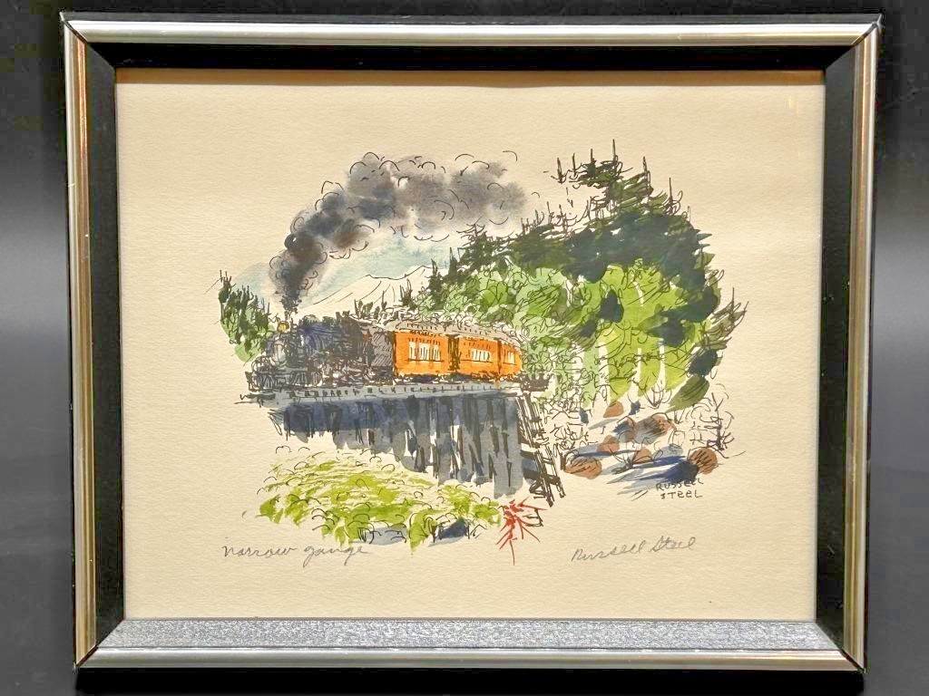 Original Watercolor Ink Painting SIGNED Russell Steel Train Railroad Narrow Gaug