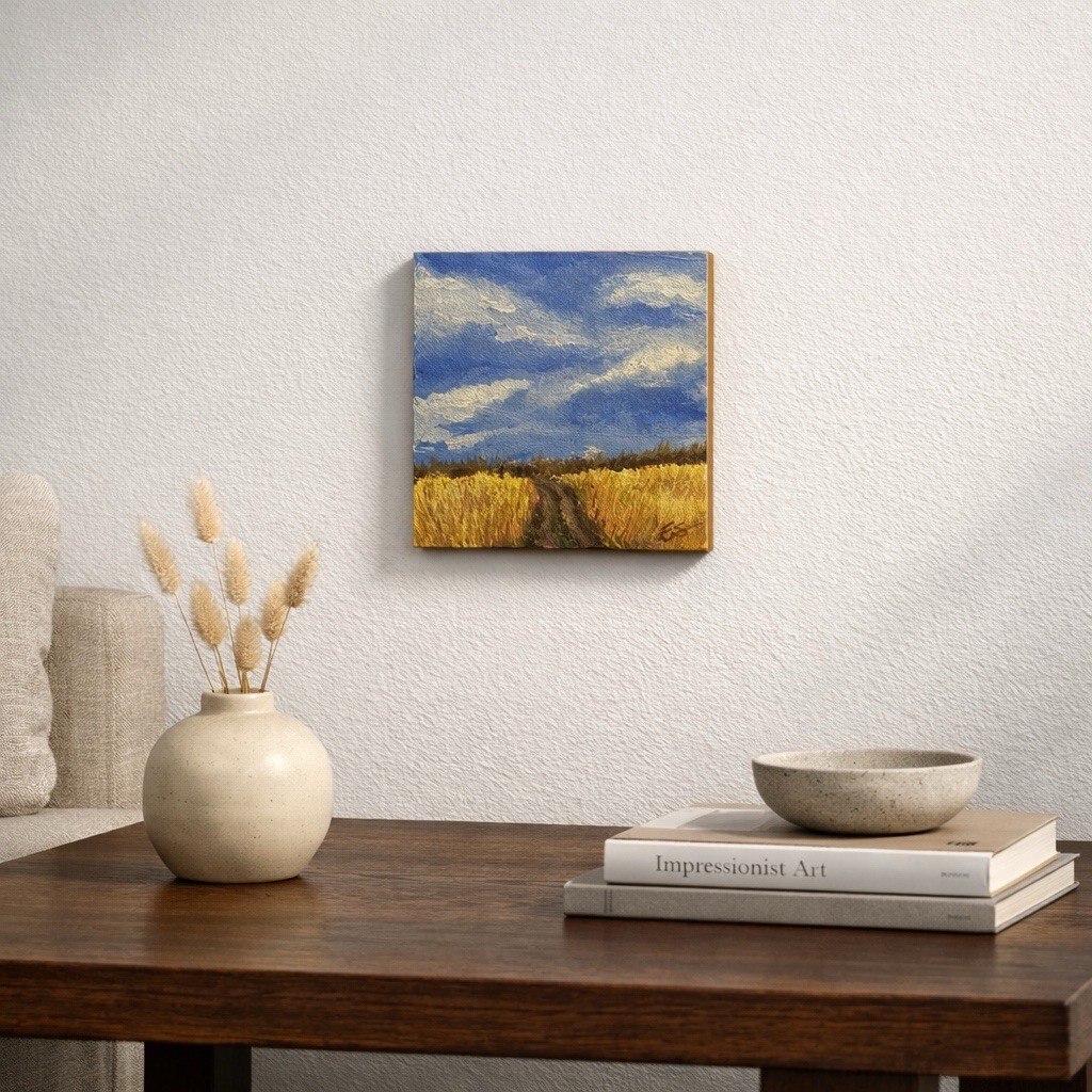 Original 6×6 Acrylic Landscape Painting Golden Field Path Sky Clouds Wall Art
