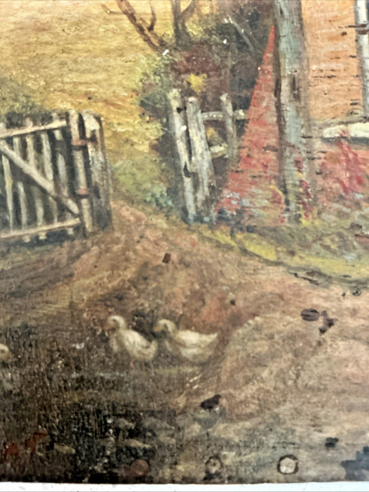 English Cottage Scene Oil Painting on Mahogany Board signed Frank Gill 1942
