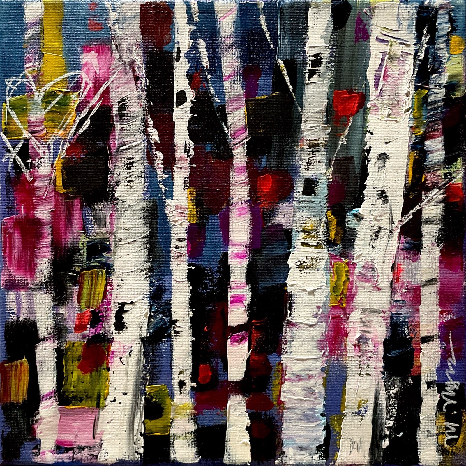 Mary Myers Original Abstract Birch Trees 10×10 Acrylic Signed Expressionist Mode