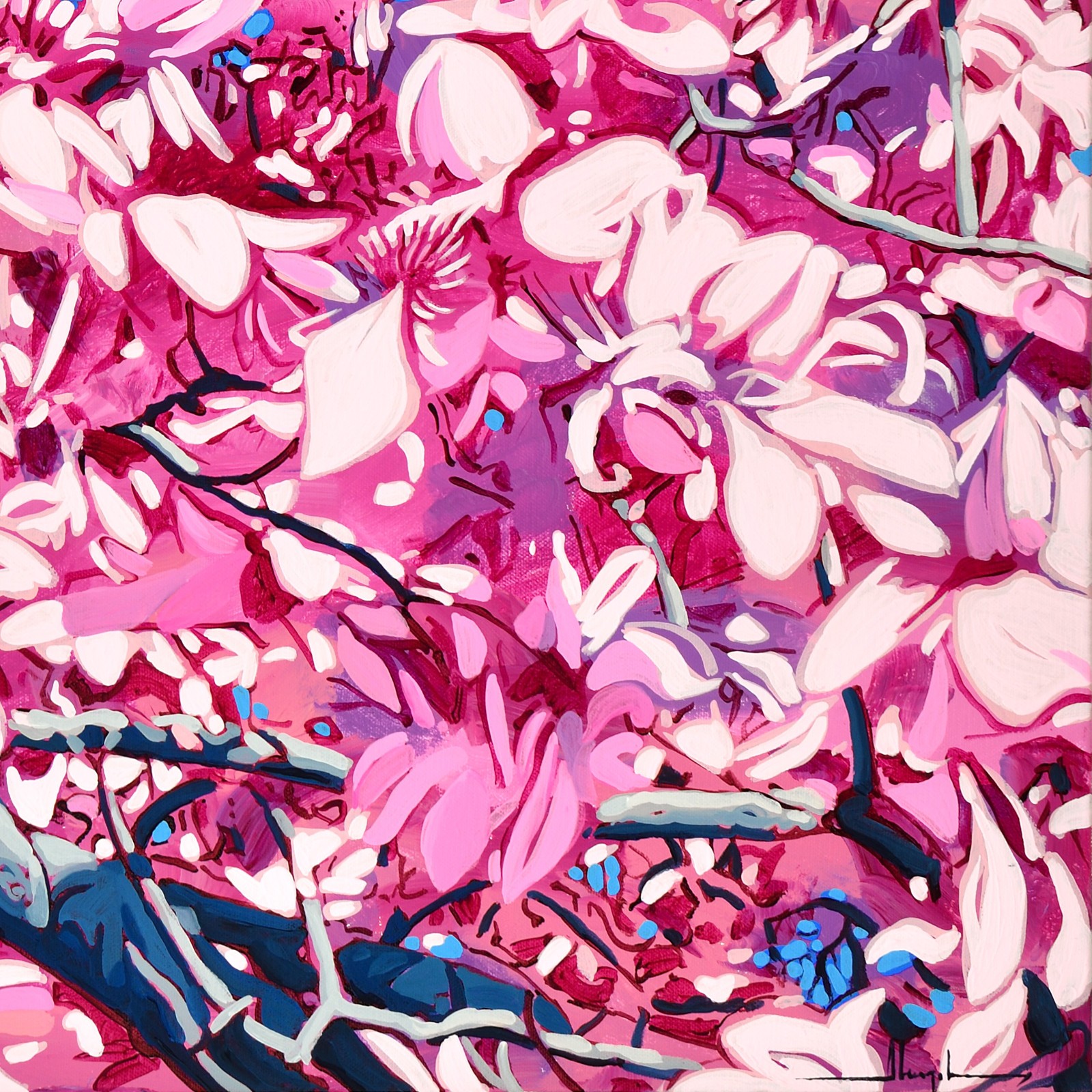 Alex Nizovsky – Pink Magnolia Blossom – Neo Impressionism Art Painting 30″x40″